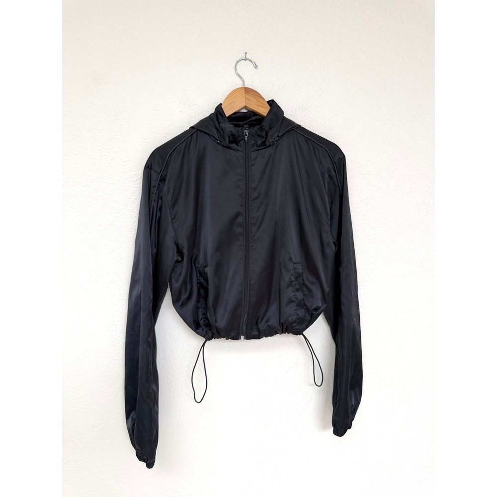 SKIMS Black Satin Cropped Hooded Windbreaker Jacket Mesh Lined Size M